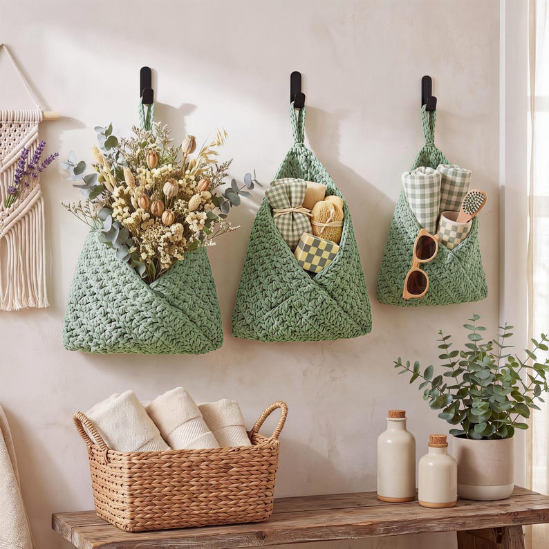 Hanging Crochet Fruit Basket 3-Piece Set Kitchen Wall Storage Organizer with Hooks