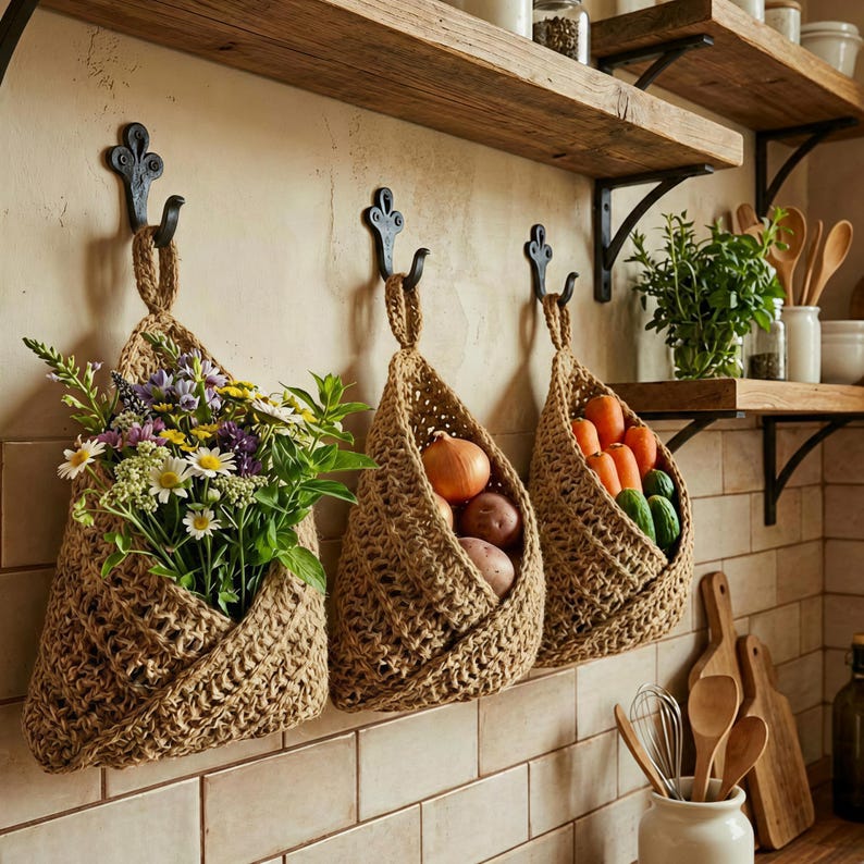 Hanging Crochet Fruit Basket 3-Piece Set Kitchen Wall Storage Organizer with Hooks