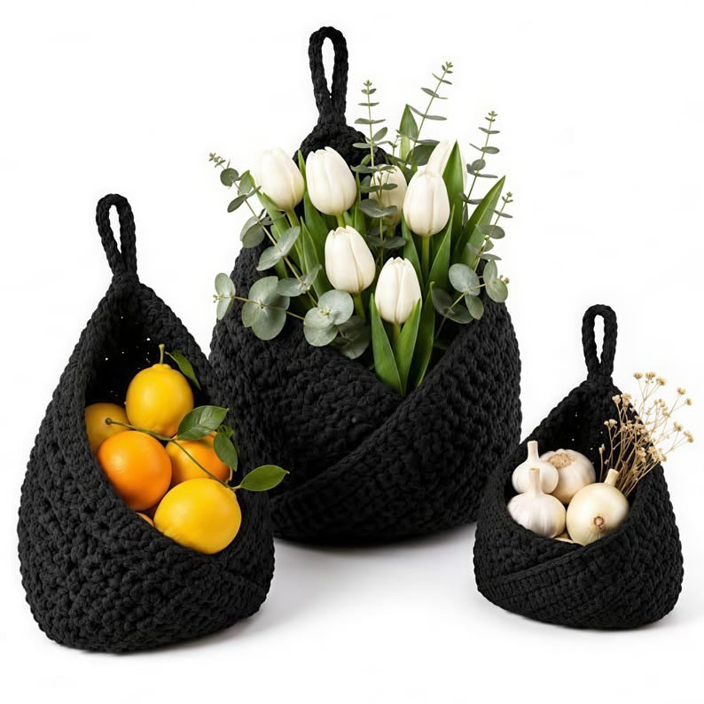 Hanging Crochet Fruit Basket 3-Piece Set Kitchen Wall Storage Organizer with Hooks