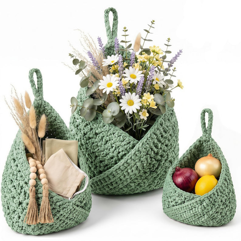 Hanging Crochet Fruit Basket 3-Piece Set Kitchen Wall Storage Organizer with Hooks