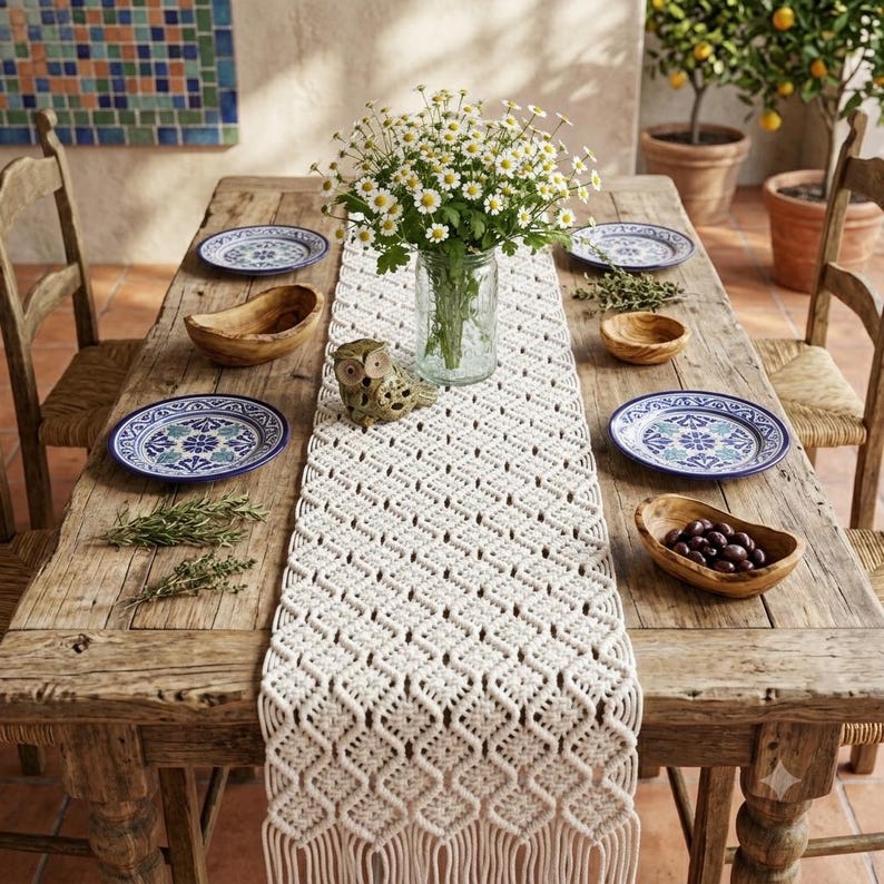 Macrame Table Runner Boho Farmhouse Decor with Tassels 30cm Wide Multiple Lengths