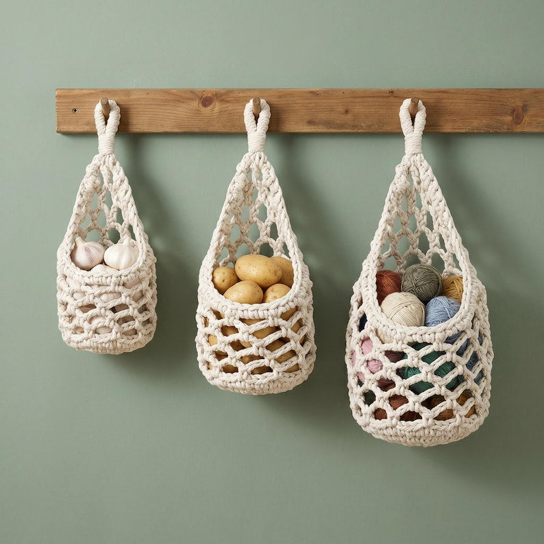 Woven Cotton Rope Fruit Net Bag, Hanging Kitchen Organizer, Boho Decor, Natural Storage