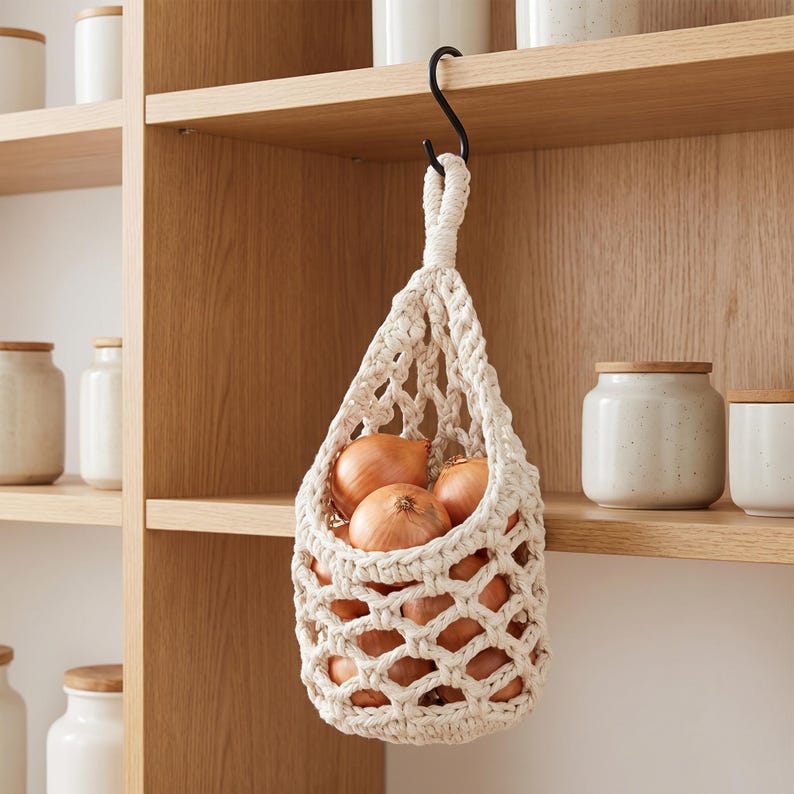 Woven Cotton Rope Fruit Net Bag, Hanging Kitchen Organizer, Boho Decor, Natural Storage