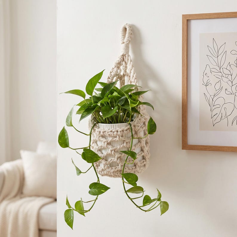 Woven Cotton Rope Fruit Net Bag, Hanging Kitchen Organizer, Boho Decor, Natural Storage