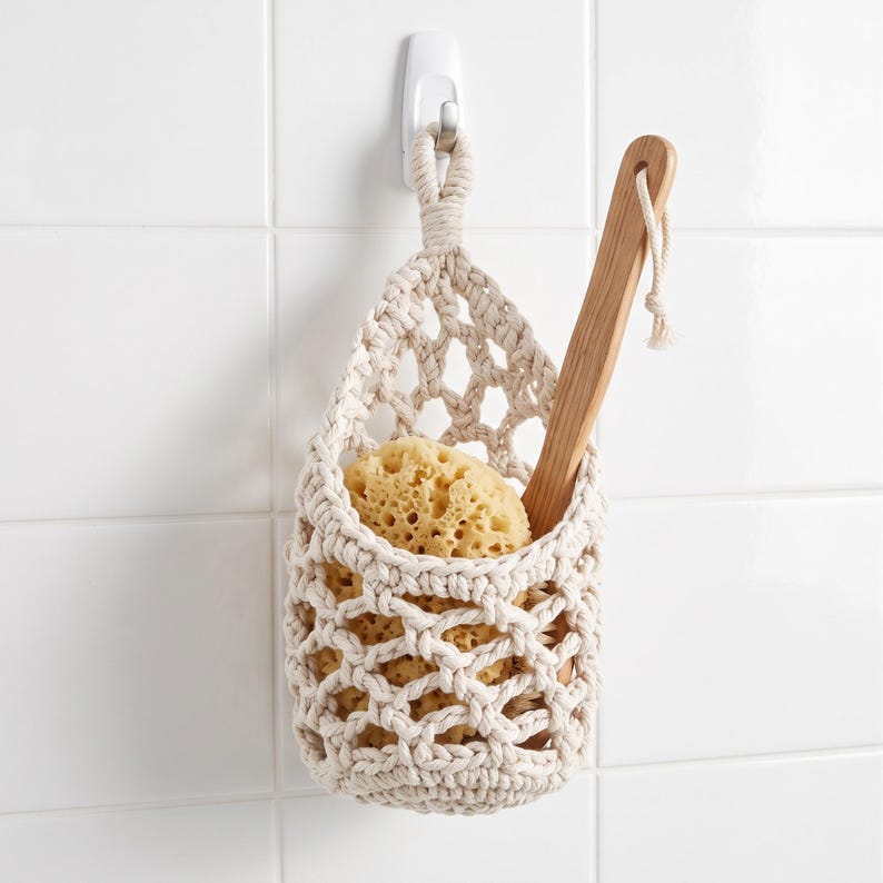 Woven Cotton Rope Fruit Net Bag, Hanging Kitchen Organizer, Boho Decor, Natural Storage