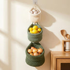 Woven Hanging Produce Basket with Handle, Boho Farmhouse Kitchen Pantry Organizer, Natural Storage for Fruits and Vegetables