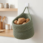 Woven Hanging Produce Basket with Handle, Boho Farmhouse Kitchen Pantry Organizer, Natural Storage for Fruits and Vegetables