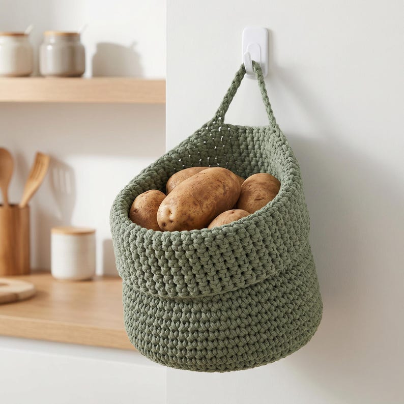 Woven Hanging Produce Basket with Handle, Boho Farmhouse Kitchen Pantry Organizer, Natural Storage for Fruits and Vegetables
