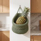Woven Hanging Produce Basket with Handle, Boho Farmhouse Kitchen Pantry Organizer, Natural Storage for Fruits and Vegetables