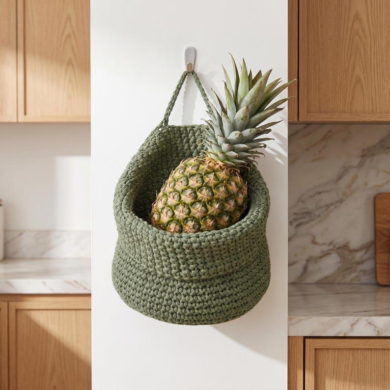 Woven Hanging Produce Basket with Handle, Boho Farmhouse Kitchen Pantry Organizer, Natural Storage for Fruits and Vegetables