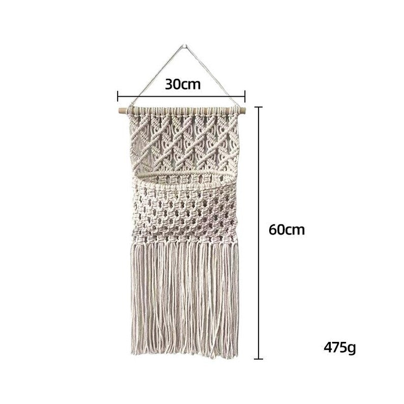 Cotton Macrame Wall Hanging Pocket Organizer 30x60cm Natural Decor