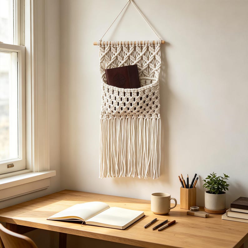 Cotton Macrame Wall Hanging Pocket Organizer 30x60cm Natural Decor