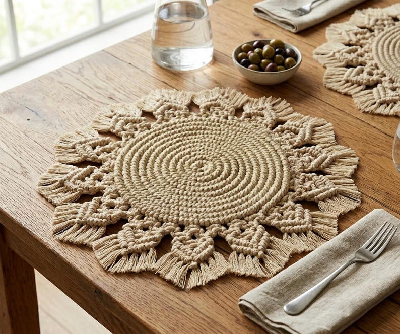 Round Macrame Placemat 16 Inch Cotton Woven Mat with Fringe Boho Farmhouse Table Decor