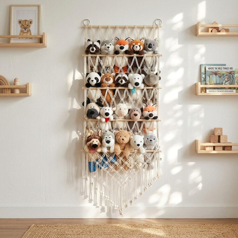 4-Tier Macrame Toy Organizer, Large Stuffed Animal Storage Net, Boho Nursery Plushie Holder