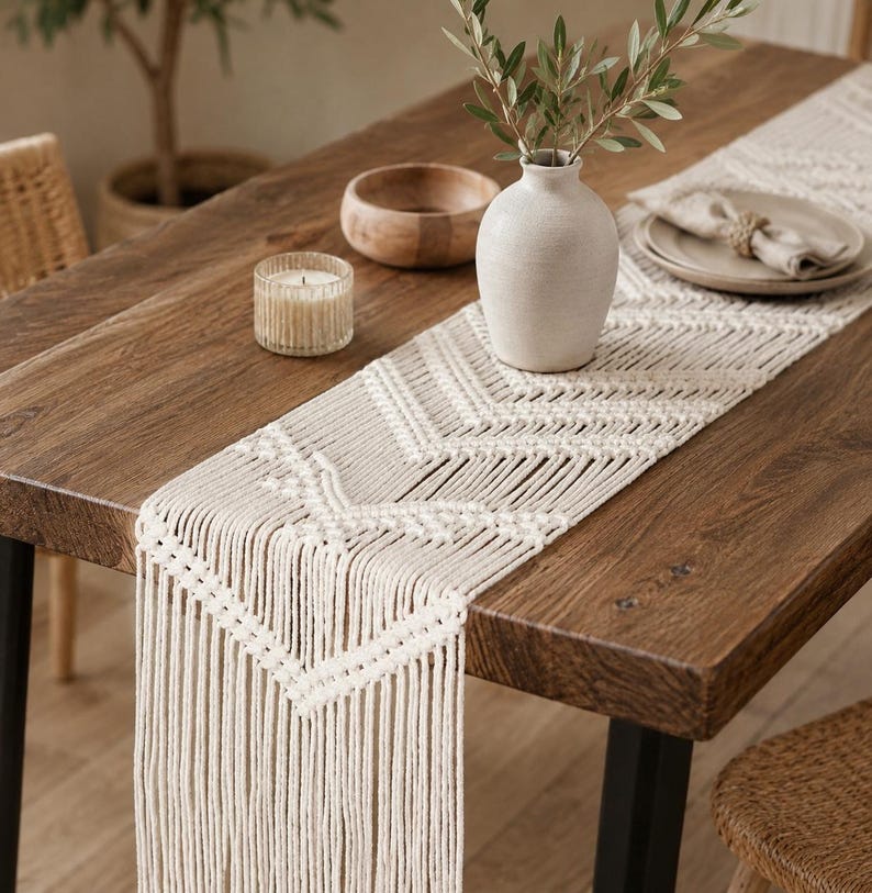 Macramé Table Runner Cotton Boho Farmhouse Centerpiece for Dining Coffee Table Wedding Decor