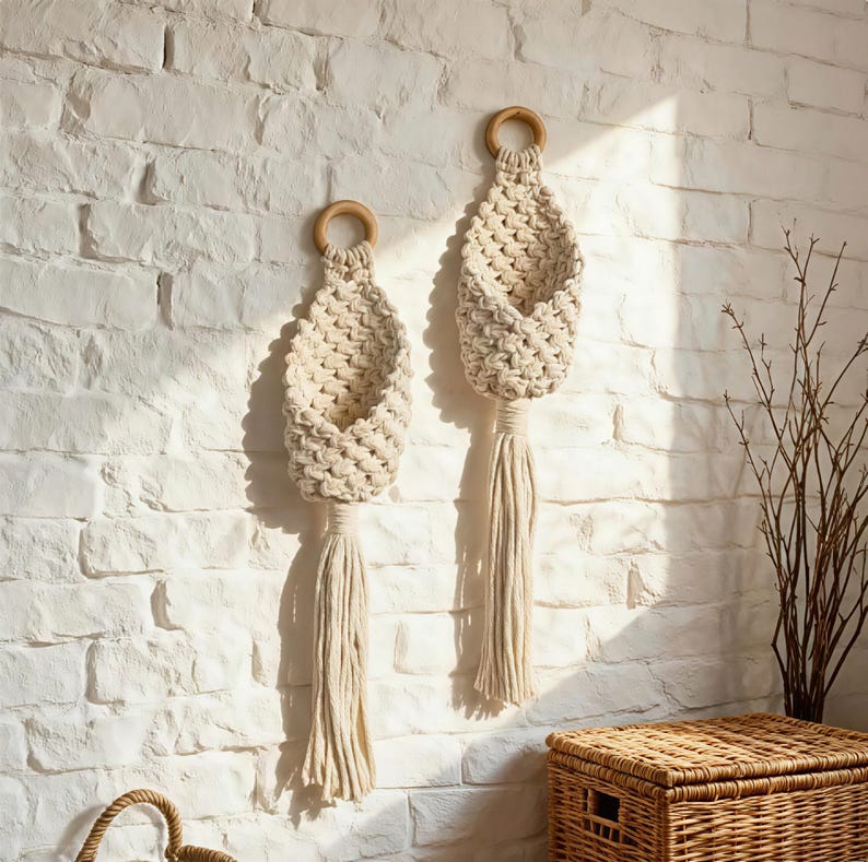 Macrame Wall Hanging Storage Basket with Tassel, 2-Pack, Natural Cotton Rope, Boho Decor for Plants & Organizing