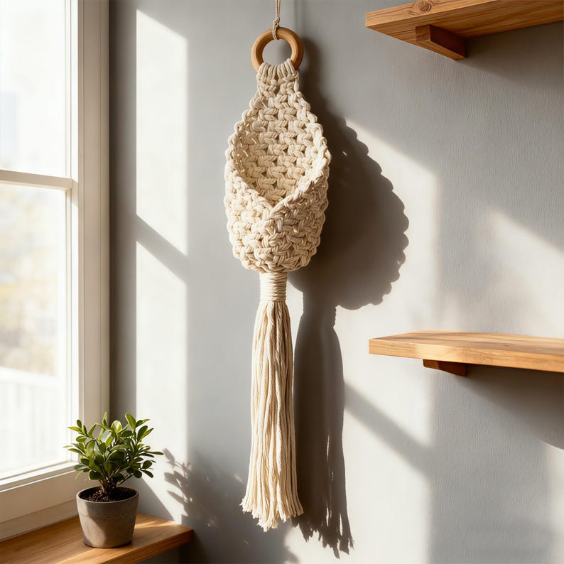 Macrame Wall Hanging Storage Basket with Tassel, 2-Pack, Natural Cotton Rope, Boho Decor for Plants & Organizing