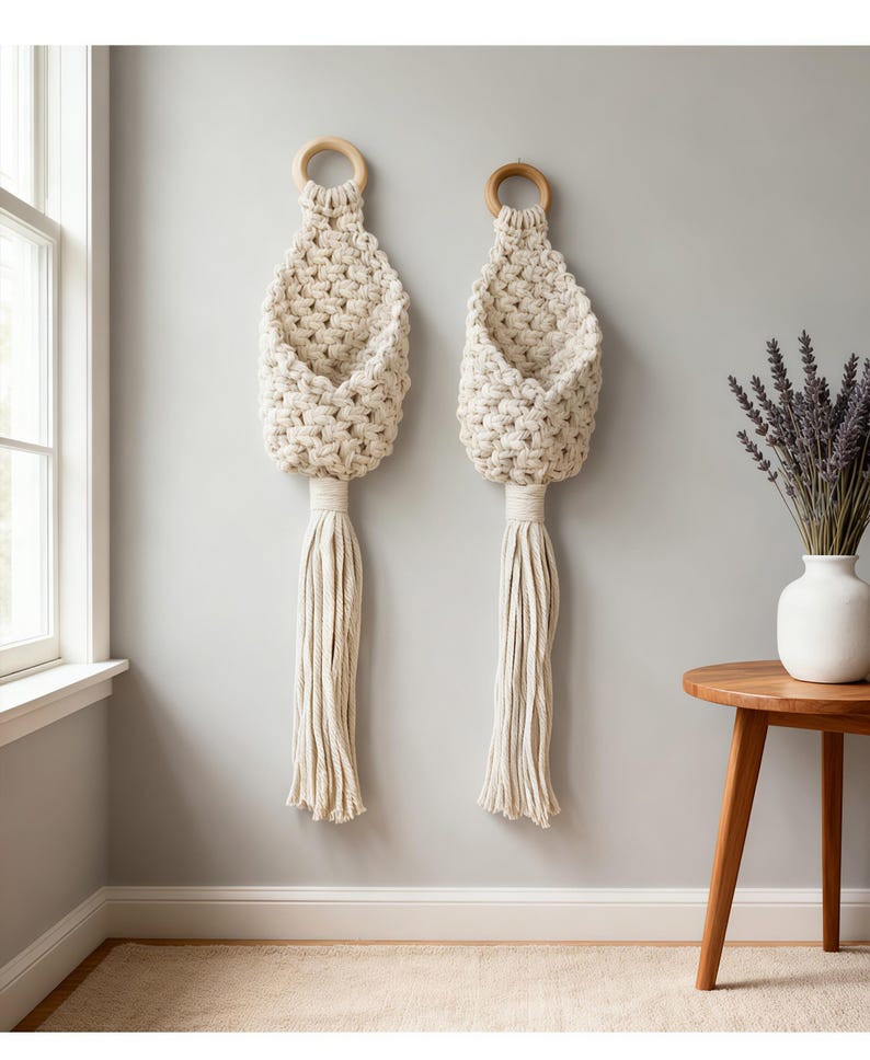 Macrame Wall Hanging Storage Basket with Tassel, 2-Pack, Natural Cotton Rope, Boho Decor for Plants & Organizing