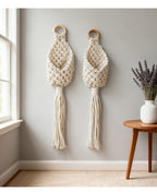 Macrame Wall Hanging Storage Basket with Tassel, 2-Pack, Natural Cotton Rope, Boho Decor for Plants & Organizing