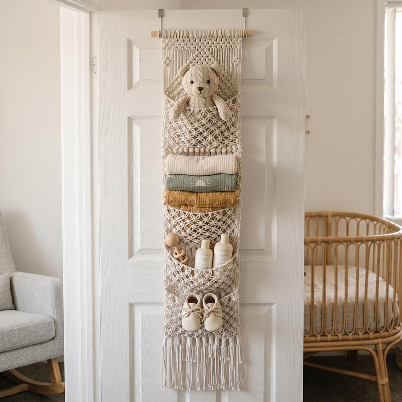 Macrame Wall Organizer with Storage Pockets, Boho Over Door Hanging, Natural Cotton Cord, 3 or 5 Pockets, Multiple Sizes and Colors