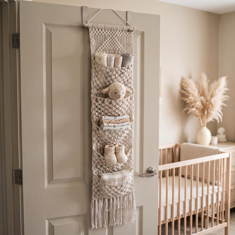 Macrame Wall Organizer with Storage Pockets, Boho Over Door Hanging, Natural Cotton Cord, 3 or 5 Pockets, Multiple Sizes and Colors