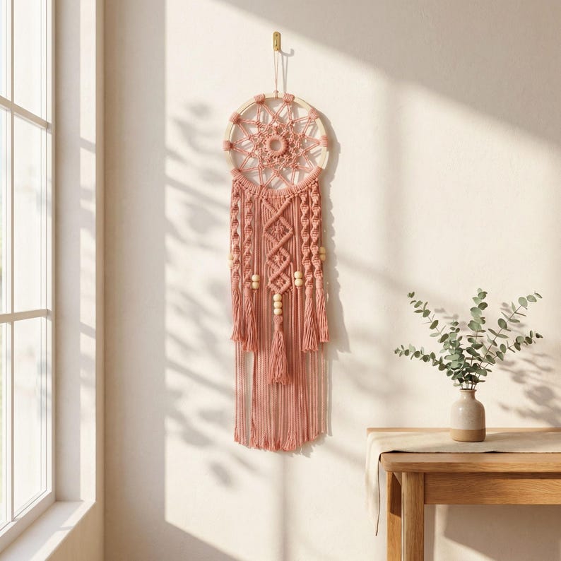 Boho Dreamcatcher Wall Decor Ivory Rose Pink Macrame Hanging for Dining Room Bedroom