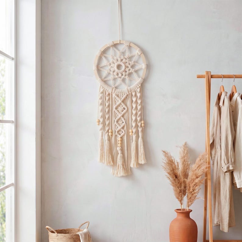 Boho Dreamcatcher Wall Decor Ivory Rose Pink Macrame Hanging for Dining Room Bedroom