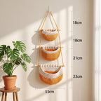 Woven Hanging Fruit Vegetable Basket, Boho Nordic Kitchen Wall Storage Organizer, 33x80 cm Cotton Rope