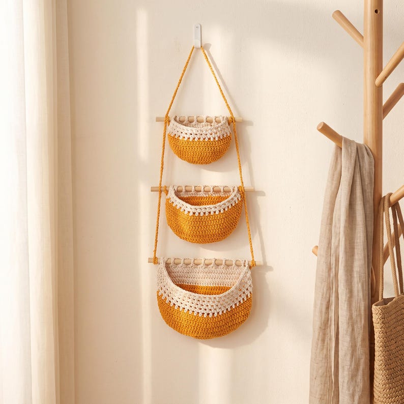 Woven Hanging Fruit Vegetable Basket, Boho Nordic Kitchen Wall Storage Organizer, 33x80 cm Cotton Rope