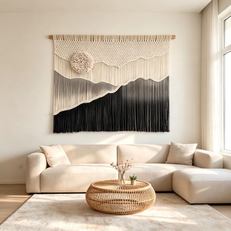 Woven Wall Hanging Fiber Art Tapestry, Scandinavian Boho Wall Decor, Natural Cotton Rope, Wooden Rod Included