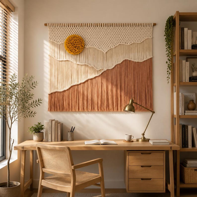 Woven Wall Hanging Fiber Art Tapestry, Scandinavian Boho Wall Decor, Natural Cotton Rope, Wooden Rod Included