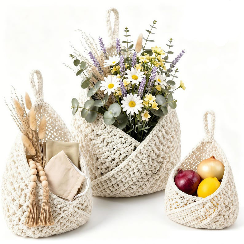 Hanging Crochet Fruit Basket 3-Piece Set Kitchen Wall Storage Organizer with Hooks