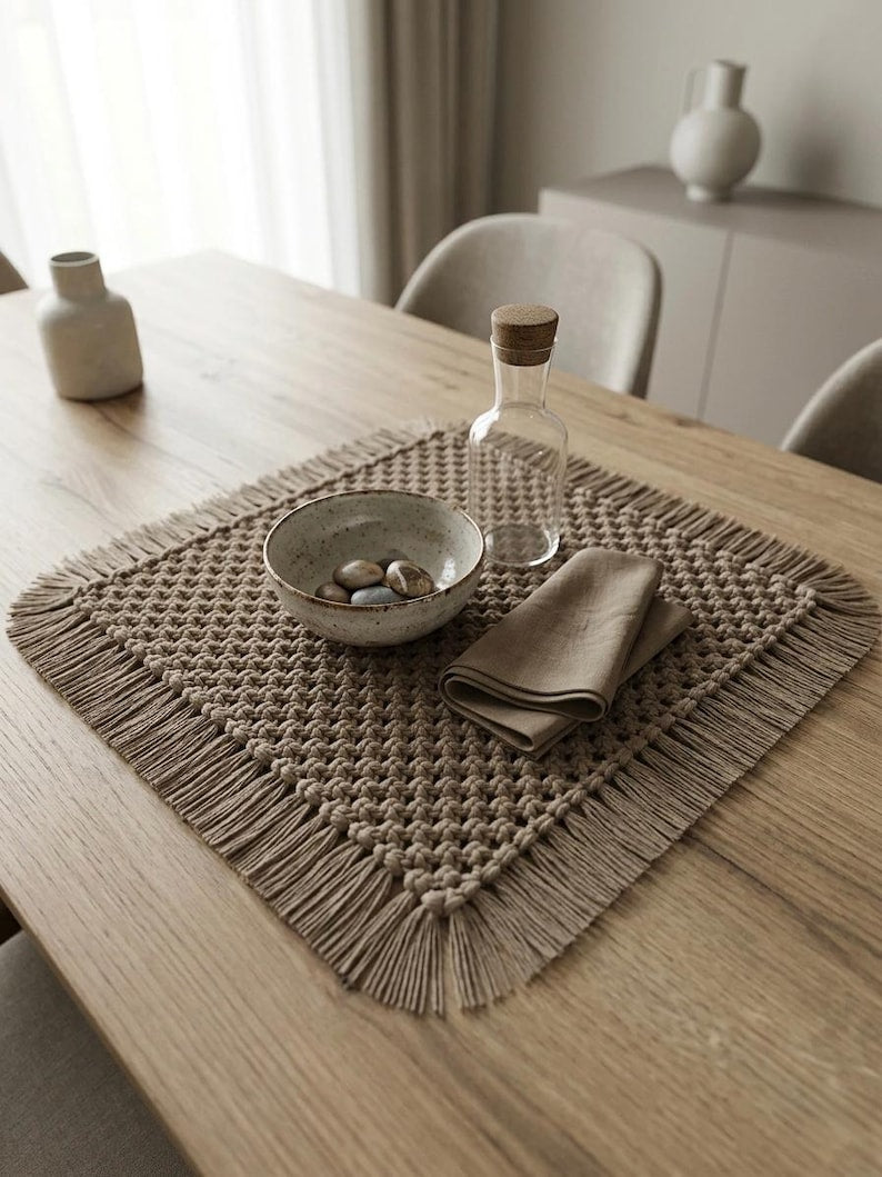 Square Macrame Table Centerpiece, Boho Table Decor, Handmade Cotton Rope Placemat - Multiple Sizes