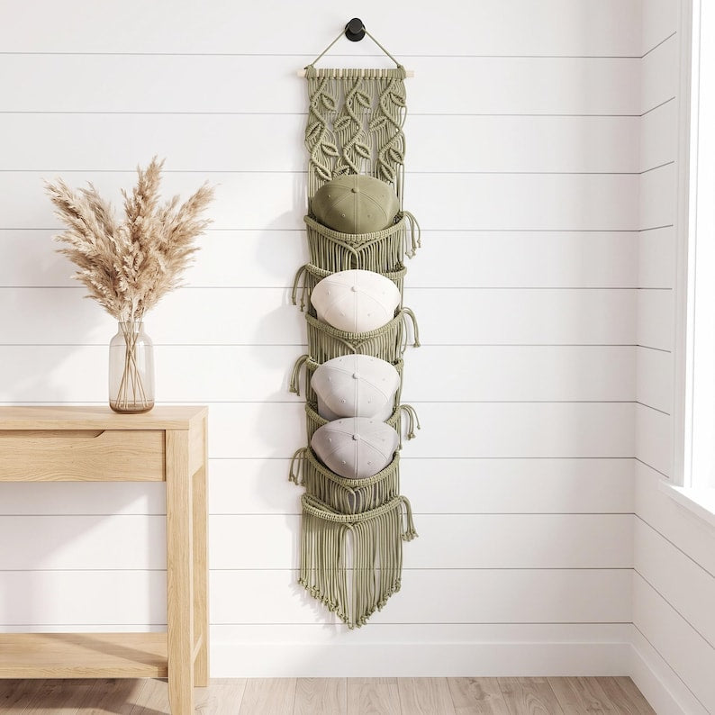 Cotton Rope Macrame Hat Organizer, Wall or Door Hanging Hat Holder, Boho Hat Storage for 5-7 Hats, Natural
