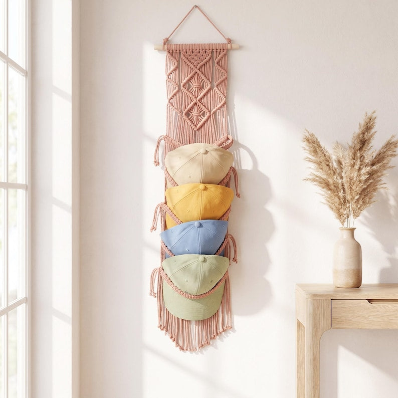 Cotton Rope Macrame Hat Organizer, Wall or Door Hanging Hat Holder, Boho Hat Storage for 5-7 Hats, Natural