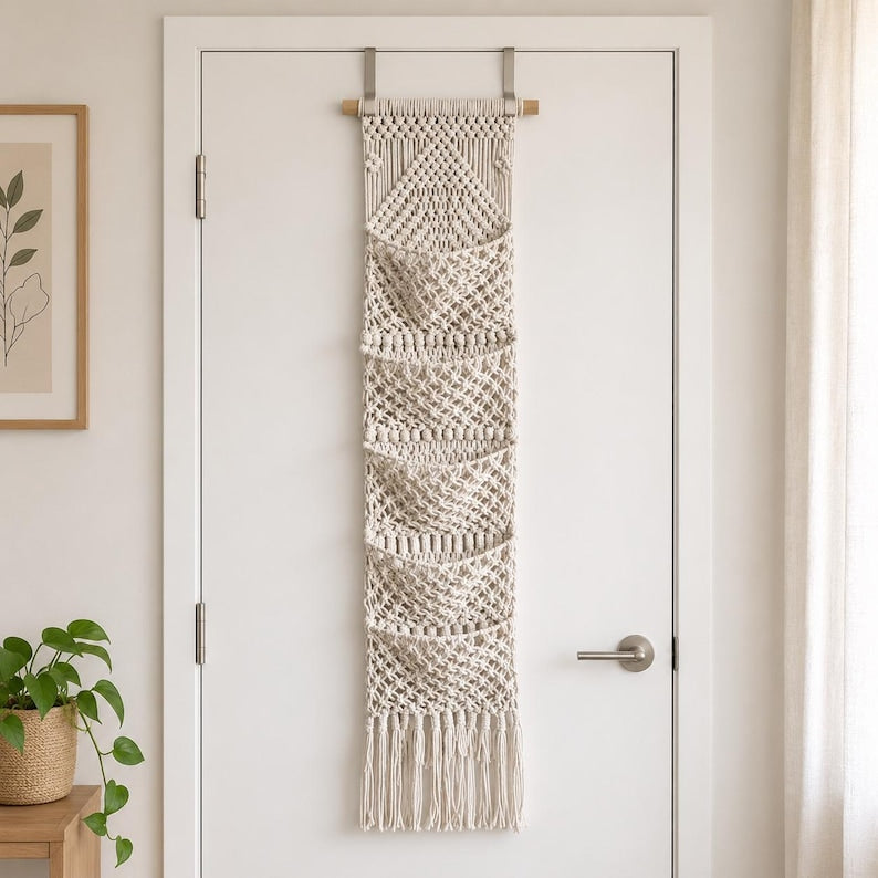 Macrame Wall Organizer with Storage Pockets, Boho Over Door Hanging, Natural Cotton Cord, 3 or 5 Pockets, Multiple Sizes and Colors