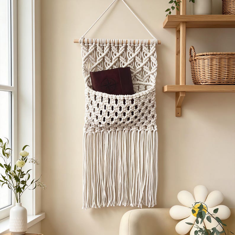 Cotton Macrame Wall Hanging Pocket Organizer 30x60cm Natural Decor