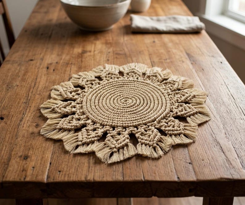 Round Macrame Placemat 16 Inch Cotton Woven Mat with Fringe Boho Farmhouse Table Decor