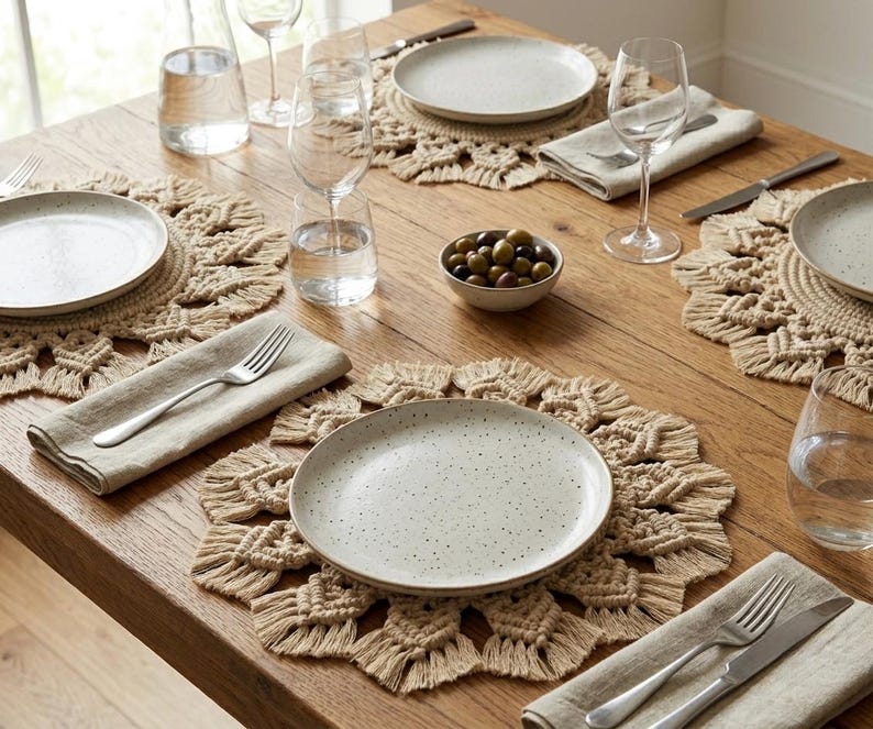 Round Macrame Placemat 16 Inch Cotton Woven Mat with Fringe Boho Farmhouse Table Decor