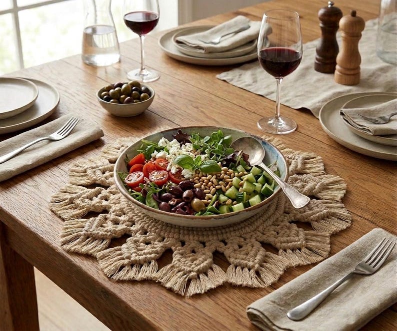 Round Macrame Placemat 16 Inch Cotton Woven Mat with Fringe Boho Farmhouse Table Decor