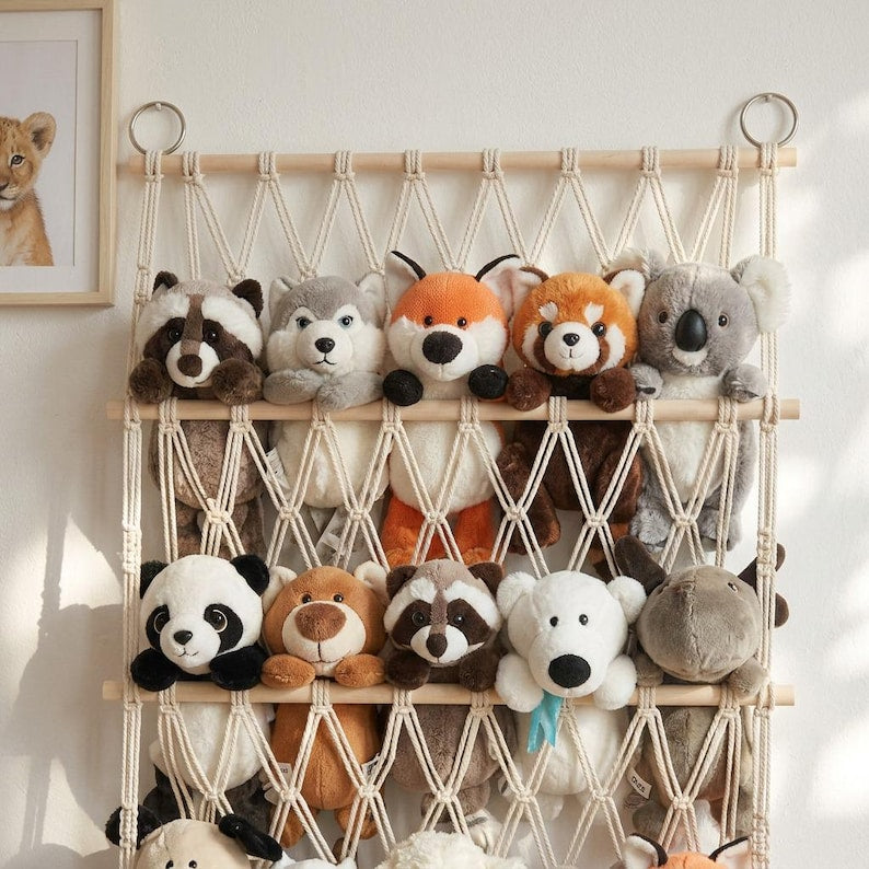 4-Tier Macrame Toy Organizer, Large Stuffed Animal Storage Net, Boho Nursery Plushie Holder