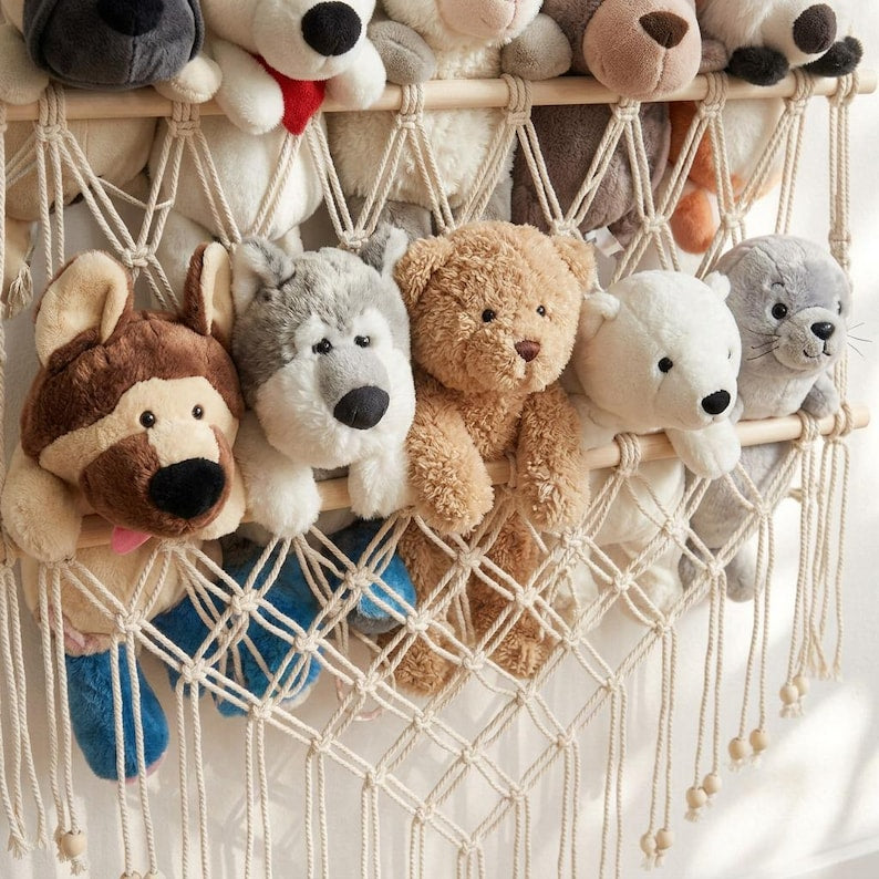 4-Tier Macrame Toy Organizer, Large Stuffed Animal Storage Net, Boho Nursery Plushie Holder