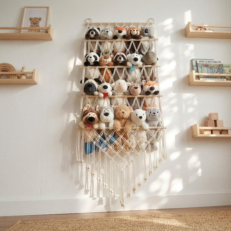 4-Tier Macrame Toy Organizer, Large Stuffed Animal Storage Net, Boho Nursery Plushie Holder