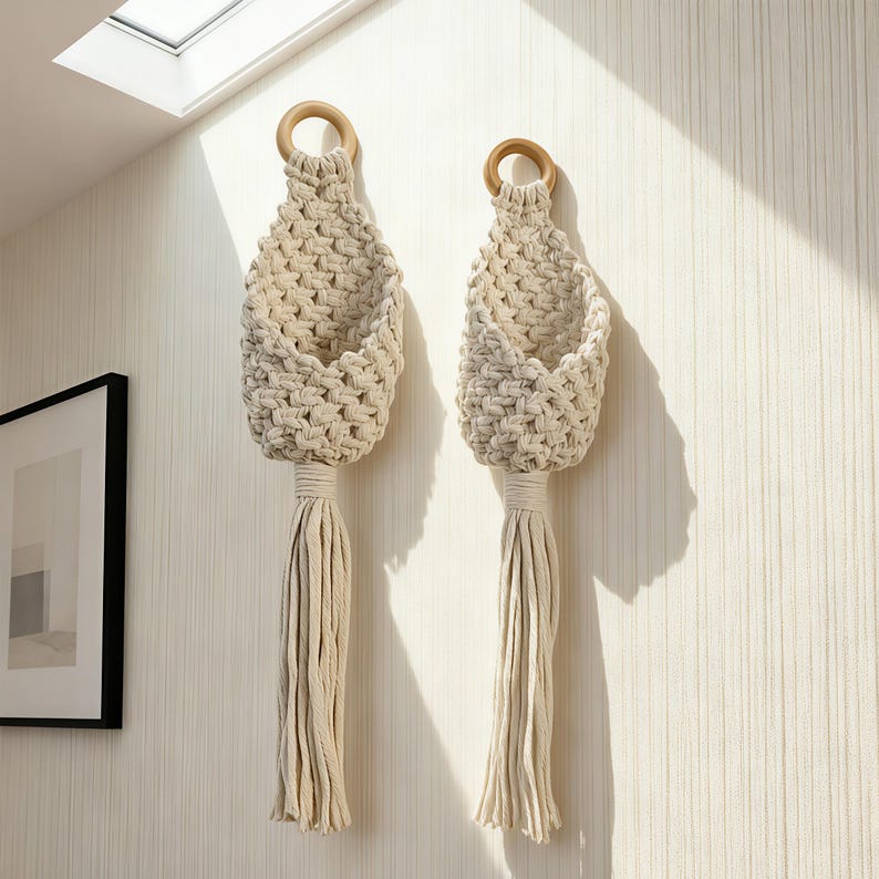 Macrame Wall Hanging Storage Basket with Tassel, 2-Pack, Natural Cotton Rope, Boho Decor for Plants & Organizing