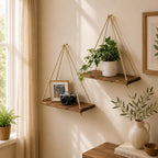 Solid Wood Hanging Rope Shelf, Boho Wall Mounted Floating Storage Tray for Plants