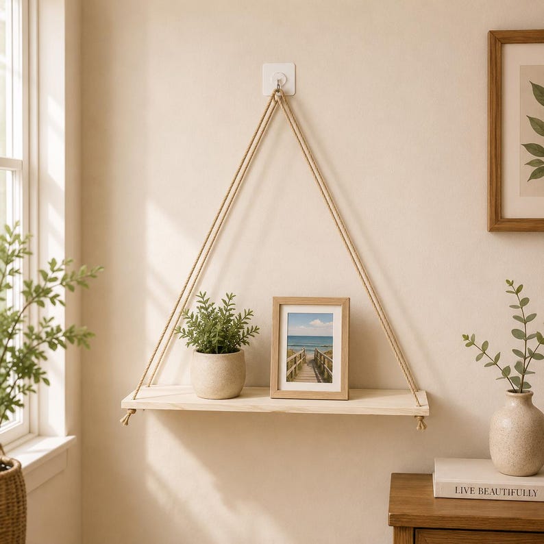 Solid Wood Hanging Rope Shelf, Boho Wall Mounted Floating Storage Tray for Plants