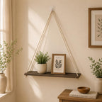 Solid Wood Hanging Rope Shelf, Boho Wall Mounted Floating Storage Tray for Plants
