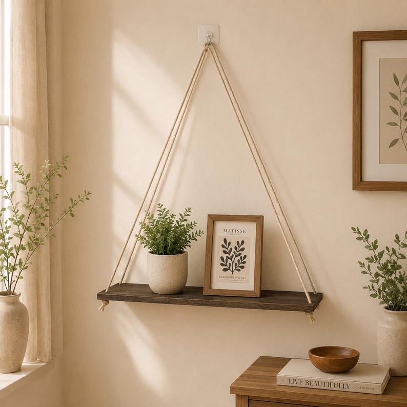 Solid Wood Hanging Rope Shelf, Boho Wall Mounted Floating Storage Tray for Plants