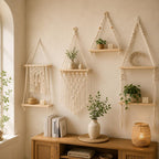 Macrame Hanging Shelf, Natural Wood Boho Wall Decor, Rustic Farmhouse Display