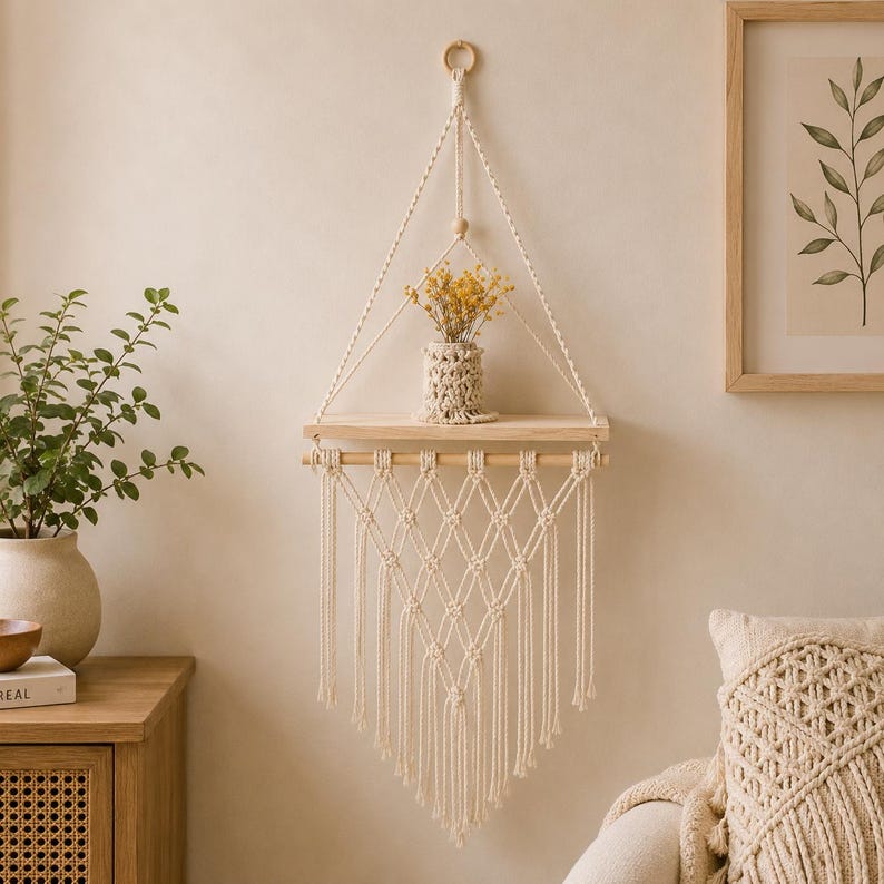Macrame Hanging Shelf, Natural Wood Boho Wall Decor, Rustic Farmhouse Display